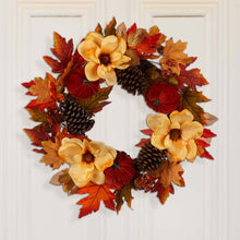 Load image into Gallery viewer, 22"D Blooming Magnolia Wreath with Velvet Pumpkin and Pinecone