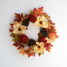 Load image into Gallery viewer, 22"D Blooming Magnolia Wreath with Velvet Pumpkin and Pinecone