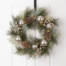Load image into Gallery viewer, 24"D LED Pre-Lit Greenery Berry Holly Pine cone Silver Ornament Wreath