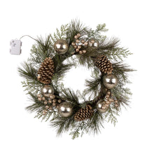 Load image into Gallery viewer, 24"D LED Pre-Lit Greenery Berry Holly Pine cone Silver Ornament Wreath