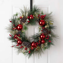 Load image into Gallery viewer, 24“D LED Pre-Lit Greenery Berry Holly Pine cone Red Ornament Wreath