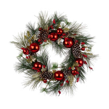 Load image into Gallery viewer, 24“D LED Pre-Lit Greenery Berry Holly Pine cone Red Ornament Wreath