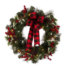 Load image into Gallery viewer, 24"D LED Pre-Lit Greenery Buffalo Bow Berry Holly Pine cone Rattan Ornament Wreath