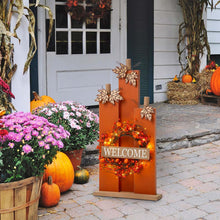 Load image into Gallery viewer, 30"H Fall Lighted Wooden Pumpkin Décor with Wreath