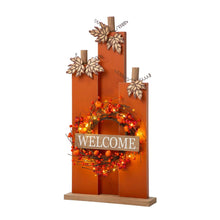 Load image into Gallery viewer, 30"H Fall Lighted Wooden Pumpkin Décor with Wreath