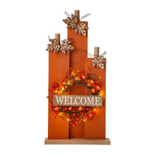 Load image into Gallery viewer, 30"H Fall Lighted Wooden Pumpkin Décor with Wreath