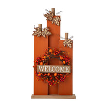 Load image into Gallery viewer, 30"H Fall Lighted Wooden Pumpkin Décor with Wreath