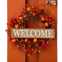 Load image into Gallery viewer, 30"H Fall Lighted Wooden Pumpkin Décor with Wreath