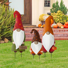 Load image into Gallery viewer, Fall Metal Gnome Family Yard Stake or Wall Décor or Standing Decor, Set of 3 (Three Functions)