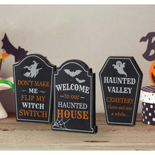 Load image into Gallery viewer, 7"H Halloween Wooden Tombstone Table Sign Decor, Set of 3