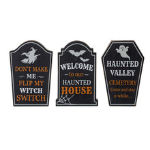 Load image into Gallery viewer, 7"H Halloween Wooden Tombstone Table Sign Decor, Set of 3