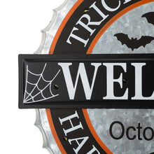 Load image into Gallery viewer, 14"L Lighted Halloween WELCOME Metal Bottle Cap Wall Sign