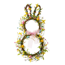 Load image into Gallery viewer, 24.5"H Easter Bunny Shaped Wreath with Eggs & Pink Satin Ribbon Bow