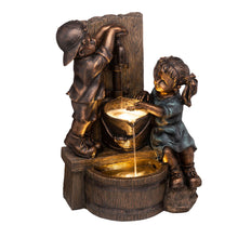Load image into Gallery viewer, 25.5"H Polyresin Boy and Girl Sculptural Outdoor Fountain With Pump and LED Lights