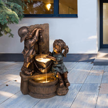 Load image into Gallery viewer, 25.5"H Polyresin Boy and Girl Sculptural Outdoor Fountain With Pump and LED Lights
