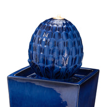Load image into Gallery viewer, 35.75"H Oversized Cobalt Blue Artichoke Pedestal Ceramic Fountain with Pump and LED Light