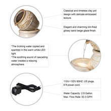 Load image into Gallery viewer, 27.25"H 3-Tier Sand Beige Embossed Pattern Ceramic Pots Fountain with Pump and LED Light