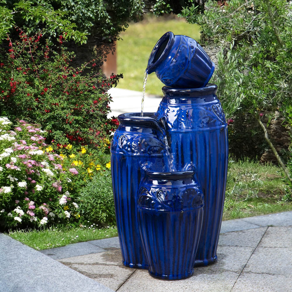 cobalt blue planter pot 27.25"H 3-Tier Cobalt Blue Embossed Pattern Ceramic Pots Fountain with Pump and LED Light
