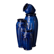 Load image into Gallery viewer, 27.25"H 3-Tier Cobalt Blue Embossed Pattern Ceramic Pots Fountain with Pump and LED Light