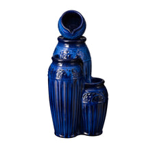 Load image into Gallery viewer, 27.25"H 3-Tier Cobalt Blue Embossed Pattern Ceramic Pots Fountain with Pump and LED Light