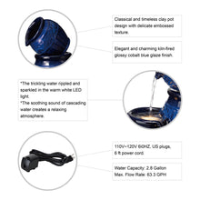 Load image into Gallery viewer, 27.25"H 3-Tier Cobalt Blue Embossed Pattern Ceramic Pots Fountain with Pump and LED Light