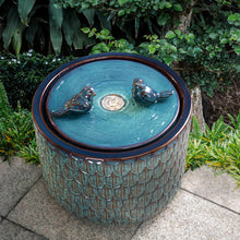 Load image into Gallery viewer, 14.75"D Turquoise Two Birds Embossed Leaf Pattern Cylindrical Ceramic Fountain with Pump and LED Light