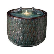 Load image into Gallery viewer, 14.75"D Turquoise Two Birds Embossed Leaf Pattern Cylindrical Ceramic Fountain with Pump and LED Light