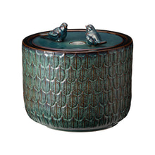 Load image into Gallery viewer, 14.75"D Turquoise Two Birds Embossed Leaf Pattern Cylindrical Ceramic Fountain with Pump and LED Light