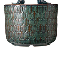 Load image into Gallery viewer, 14.75"D Turquoise Two Birds Embossed Leaf Pattern Cylindrical Ceramic Fountain with Pump and LED Light
