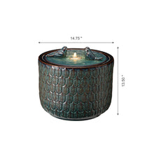 Load image into Gallery viewer, 14.75"D Turquoise Two Birds Embossed Leaf Pattern Cylindrical Ceramic Fountain with Pump and LED Light