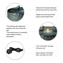 Load image into Gallery viewer, 14.75"D Turquoise Two Birds Embossed Leaf Pattern Cylindrical Ceramic Fountain with Pump and LED Light