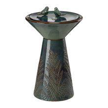 Load image into Gallery viewer, 27.5"H Turquoise Two Birds Embossed Plant Pattern Pedestal Ceramic Fountain with Pump and LED Light