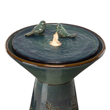 Load image into Gallery viewer, 27.5"H Turquoise Two Birds Embossed Plant Pattern Pedestal Ceramic Fountain with Pump and LED Light