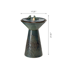 Load image into Gallery viewer, 27.5"H Turquoise Two Birds Embossed Plant Pattern Pedestal Ceramic Fountain with Pump and LED Light
