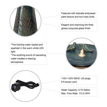 Load image into Gallery viewer, 27.5"H Turquoise Two Birds Embossed Plant Pattern Pedestal Ceramic Fountain with Pump and LED Light