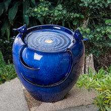 Load image into Gallery viewer, 19.5"H Cobalt Blue Two Birds Embossed Plant Pattern Ceramic Pot Fountain with Pump and LED Light