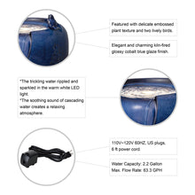 Load image into Gallery viewer, 19.5"H Cobalt Blue Two Birds Embossed Plant Pattern Ceramic Pot Fountain with Pump and LED Light