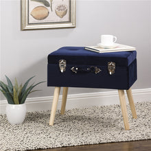Load image into Gallery viewer, 19.70"L Navy Blue Velvet Upholstered Storage Stool with Natural Solid Rubberwood Legs