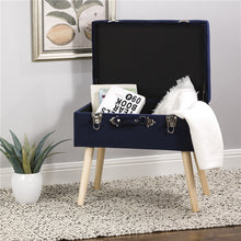 Load image into Gallery viewer, 19.70"L Navy Blue Velvet Upholstered Storage Stool with Natural Solid Rubberwood Legs