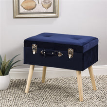 Load image into Gallery viewer, 19.70"L Navy Blue Velvet Upholstered Storage Stool with Natural Solid Rubberwood Legs