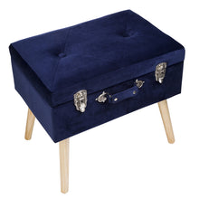 Load image into Gallery viewer, 19.70"L Navy Blue Velvet Upholstered Storage Stool with Natural Solid Rubberwood Legs