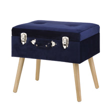 Load image into Gallery viewer, 19.70"L Navy Blue Velvet Upholstered Storage Stool with Natural Solid Rubberwood Legs