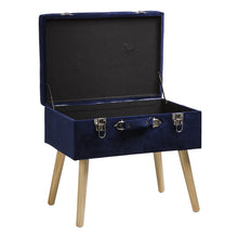 Load image into Gallery viewer, 19.70"L Navy Blue Velvet Upholstered Storage Stool with Natural Solid Rubberwood Legs