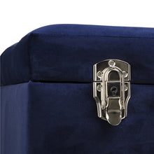 Load image into Gallery viewer, 19.70"L Navy Blue Velvet Upholstered Storage Stool with Natural Solid Rubberwood Legs