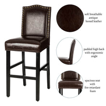 Load image into Gallery viewer, 45"H Coffee Bonded Leather High-Back Barchair with Studded Decor, Set of 2