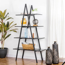 Load image into Gallery viewer, 64.5"H Modern Industrial Black Oak Melamine 4-Tier Leaning Bookcases & Ladder Shelves