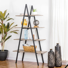Load image into Gallery viewer, 64.5"H Modern Industrial Rustic Oak Melamine 4-Tier Leaning Bookcases & Ladder Shelves