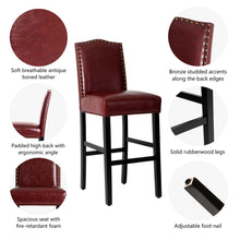 Load image into Gallery viewer, 45"H Burgundy PU Leather Upholstered Bar Chair with Studded Decor, Set of 2