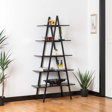 Load image into Gallery viewer, 72"H Modern Industrial Black Wood/Metal 5-Tier "A" Frame Bookcases & Shelves