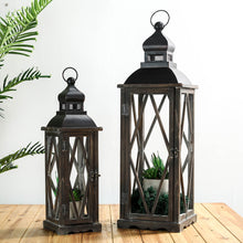 Load image into Gallery viewer, Black Farmhouse Wooden Lanterns With Diamond Window Frame, Set of 2